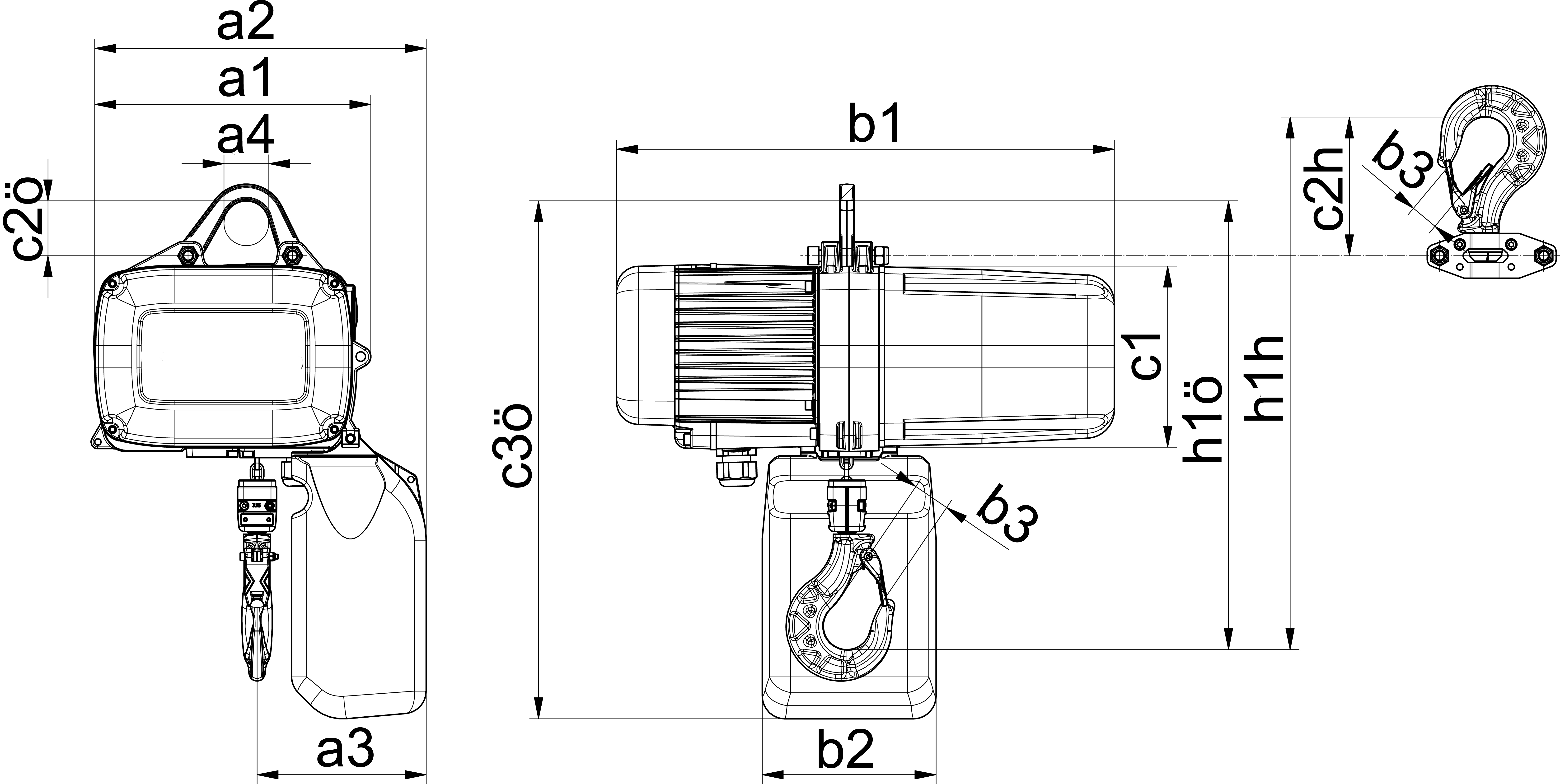 Kladkostroj řetězový elektrický GP5002NL1Ph nosnost 1000kg/3M s horním závěsným hákem