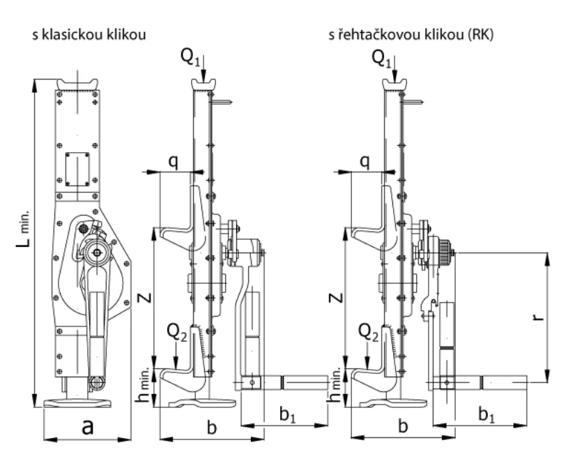 Zvedák hřebenový typ 15-00 s nosností 2500 kg