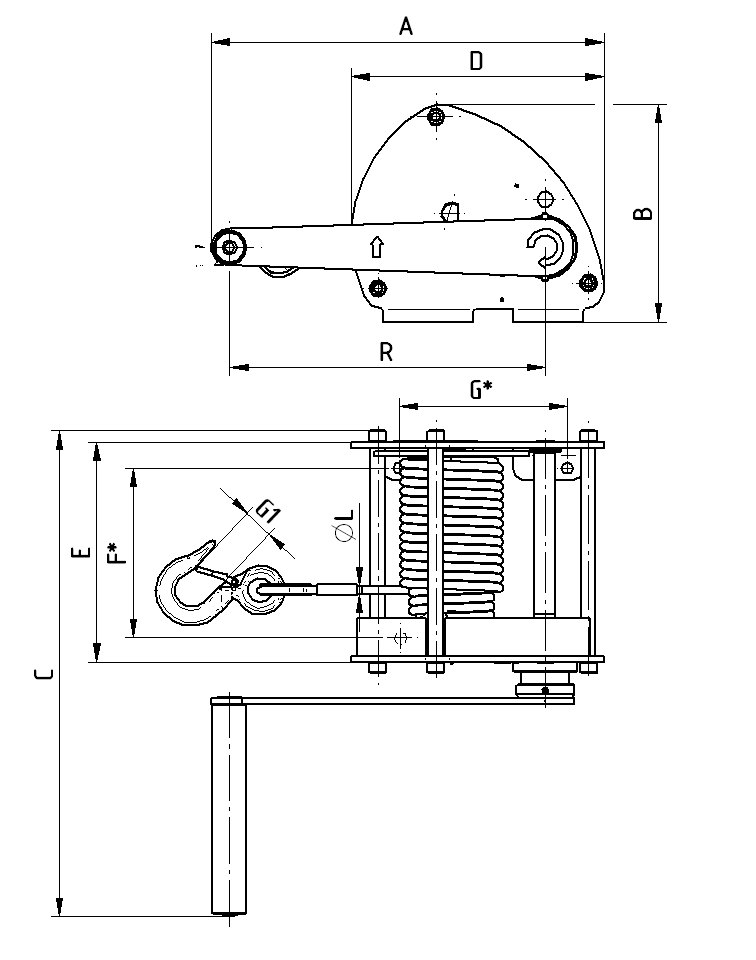 Naviják lanový ruční LN-0,5T nosnost 500kg délka lana 10m